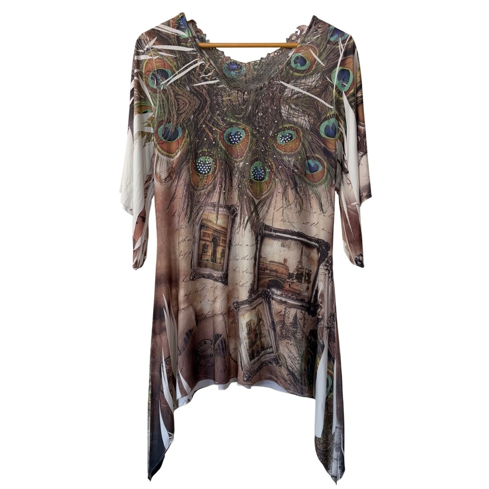 Reina Paris Peacock Rhinestone Handkerchief Hem Tunic Top Size 2